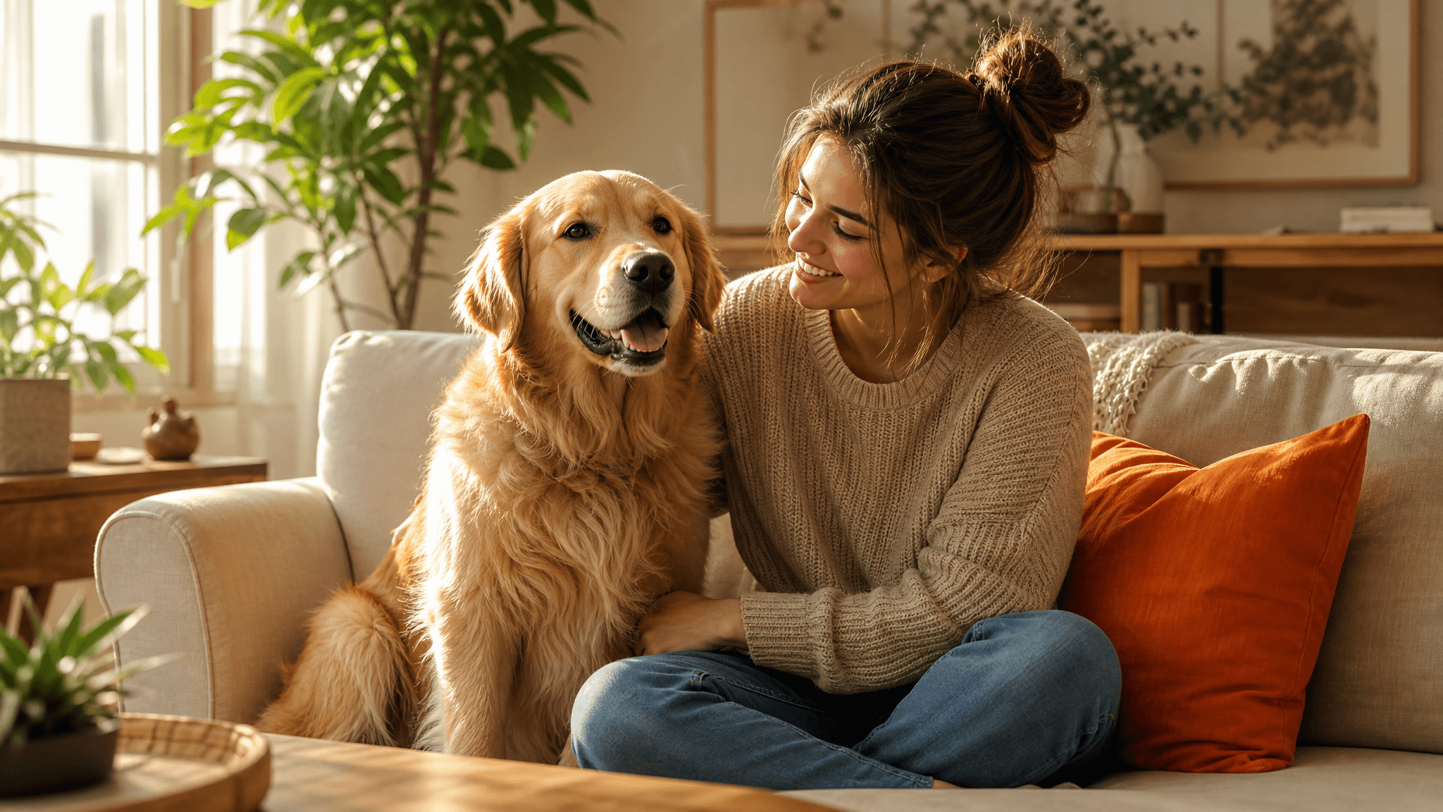 A pet parent relaxing on a cream sofa with a happy golden retriever in a sunlit living room