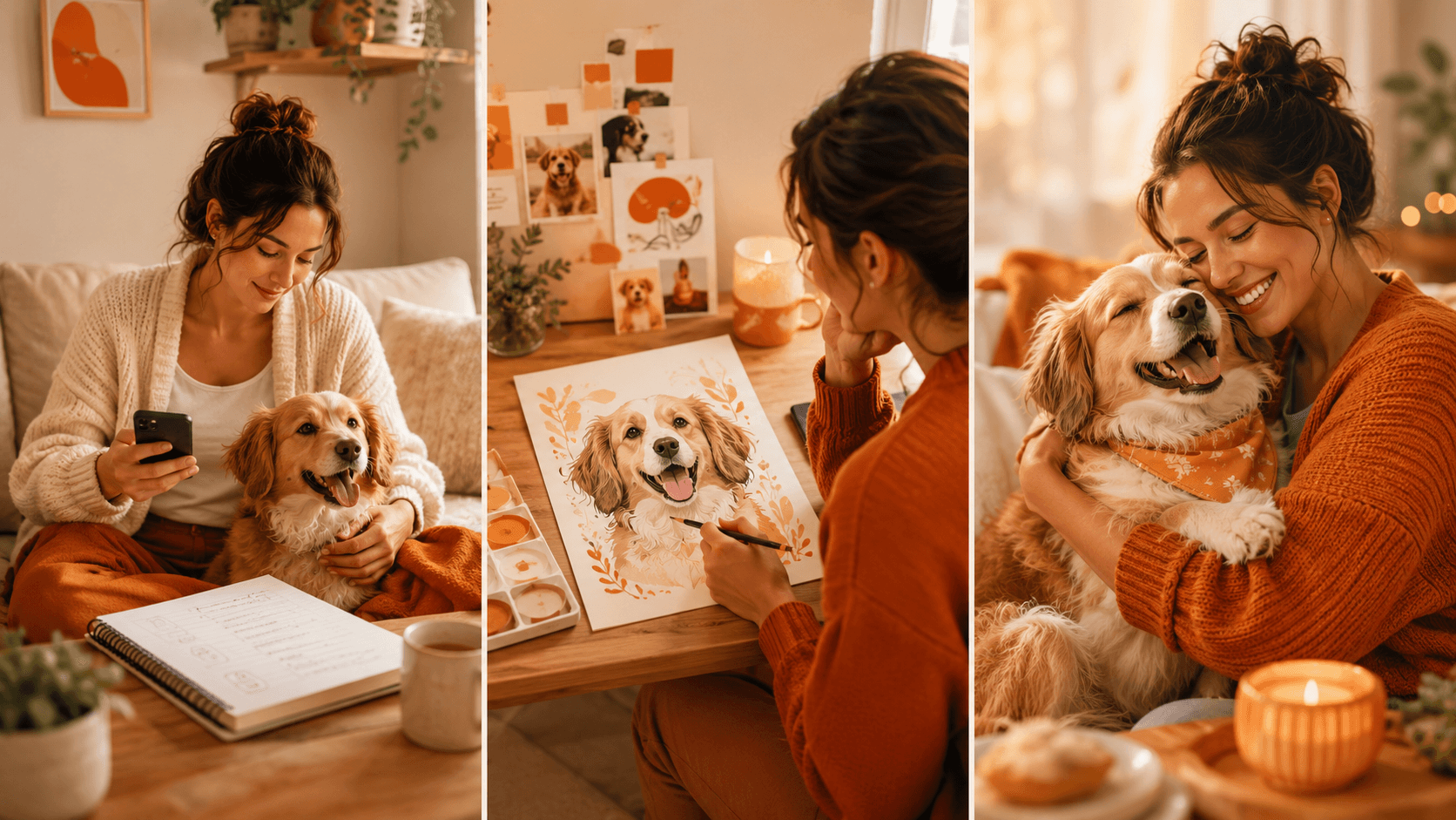 Describe your pet, design a plan and portrait, then celebrate with a happy dog
